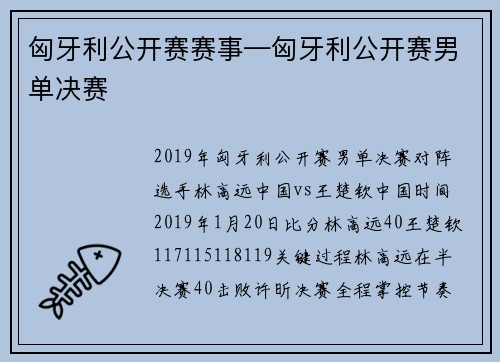 匈牙利公开赛赛事—匈牙利公开赛男单决赛